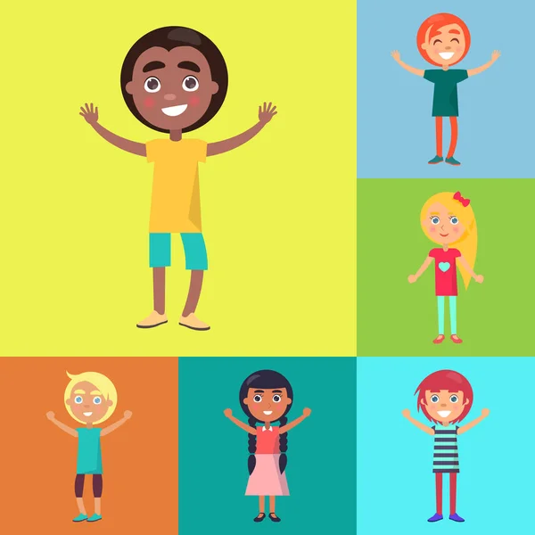 Niños felices en fondos coloridos Poster — Vector de stock