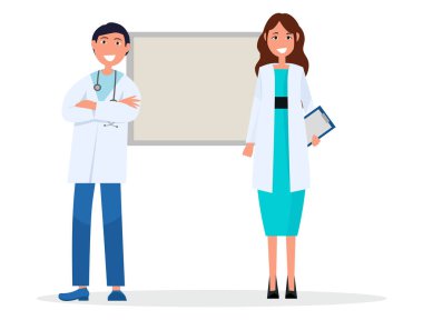 Doktorlar gülümseyen. Erkek ve kadın beyaz kat olarak