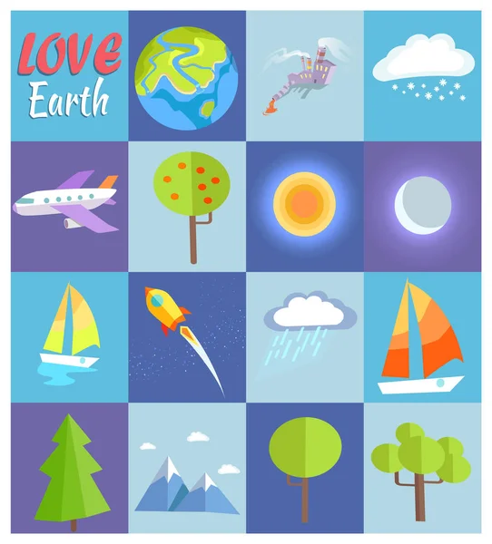 Affiche Love Earth avec des illustrations dans les cellules — Image vectorielle