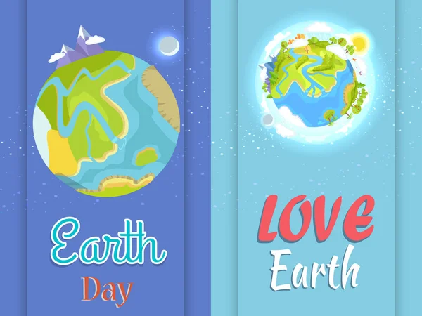 Liebe Erde Tag Poster mit Planeten in Tag und Nacht — Stockvektor