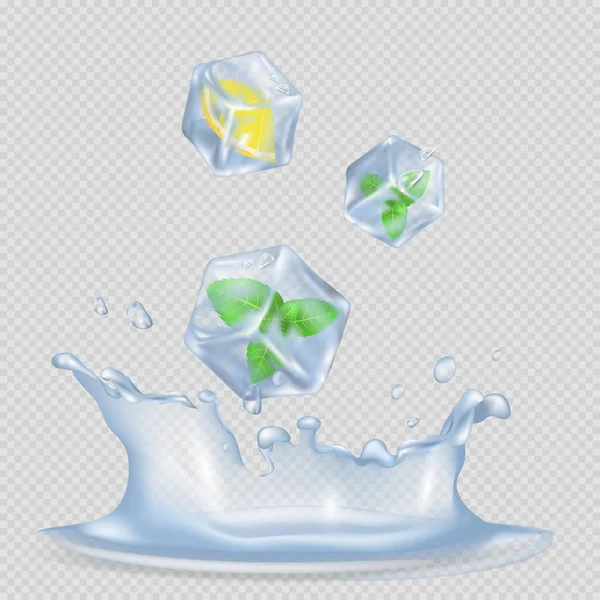 Cubes de glace avec feuilles de menthe et illustration de citron — Image vectorielle