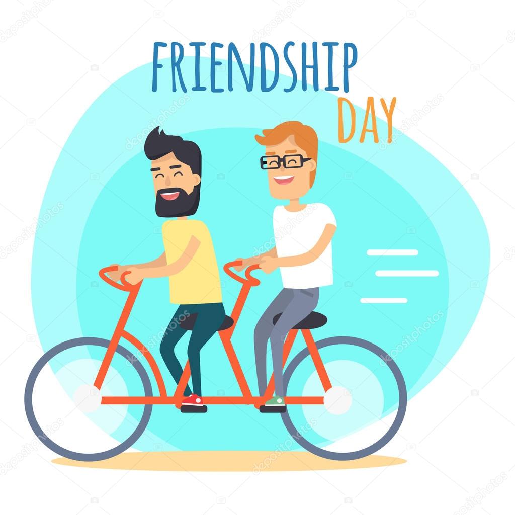 Friendship Day. Two Best Friends on Double Bicycle