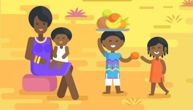 Afrikalı kadın bebek ve çocuk meyve ile tutar