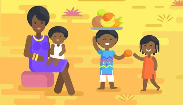 Africká žena má dítě a děti s ovocem — Stockový vektor