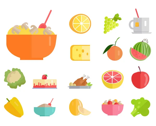 Deliciosas comidas, frutas frescas y verduras verdes — Vector de stock