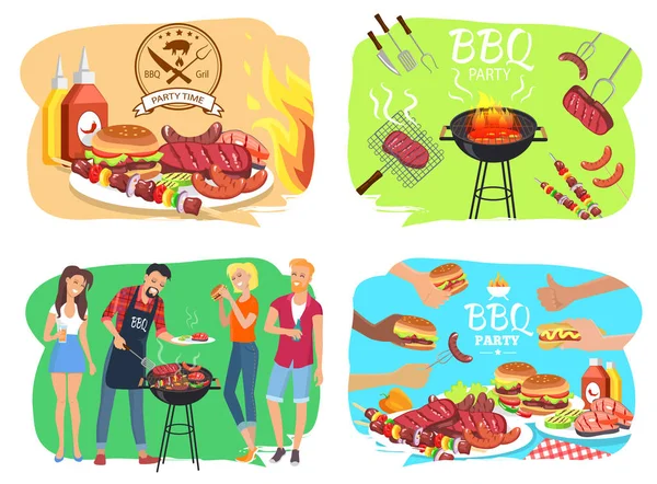 Festa de churrasco com roasted Meet Illustrations Set —  Vetores de Stock