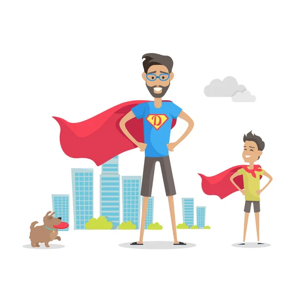 Father and Adorable Son Superheroes. Fatherhood — Stock Vector