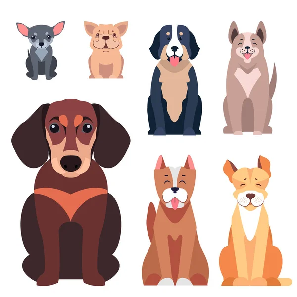 Cães de raça pura bonito Cartoon vetores planos Conjunto de ícones —  Vetores de Stock