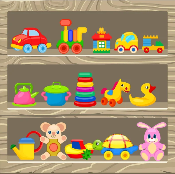 Разноцветные детские игрушки стоят на деревянной полке — стоковый вектор