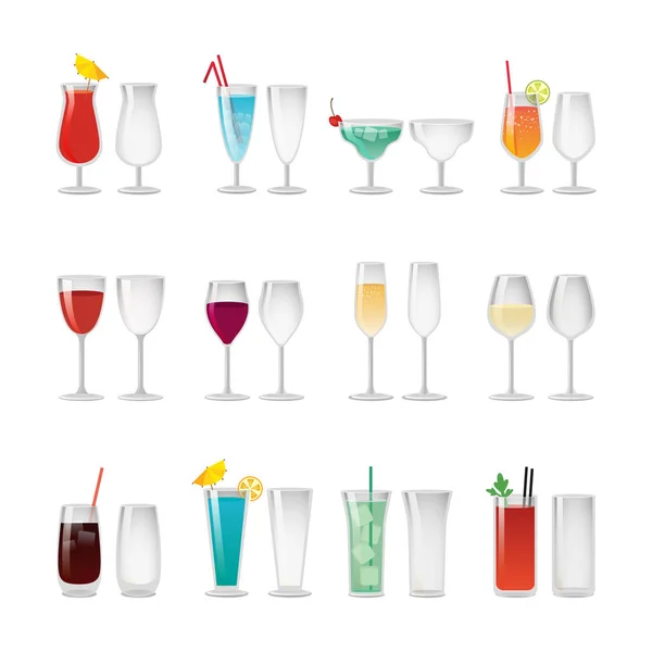 Glasen med vin och Cocktails illustrationer Set — Stock vektor