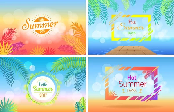 Olá dias quentes de verão cartazes definidos em desfocado — Vetor de Stock