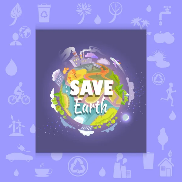 Save Earth Poster mit verschmutzter Anlage und Fabrik — Stockvektor