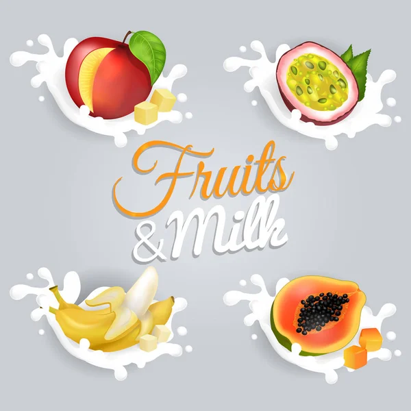 Ensemble d'illustrations vectorielles de fruits et de lait — Image vectorielle