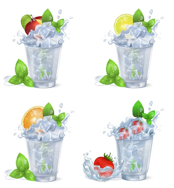 Boissons fraîches et fruitées avec illustrations isolées de glace — Image vectorielle