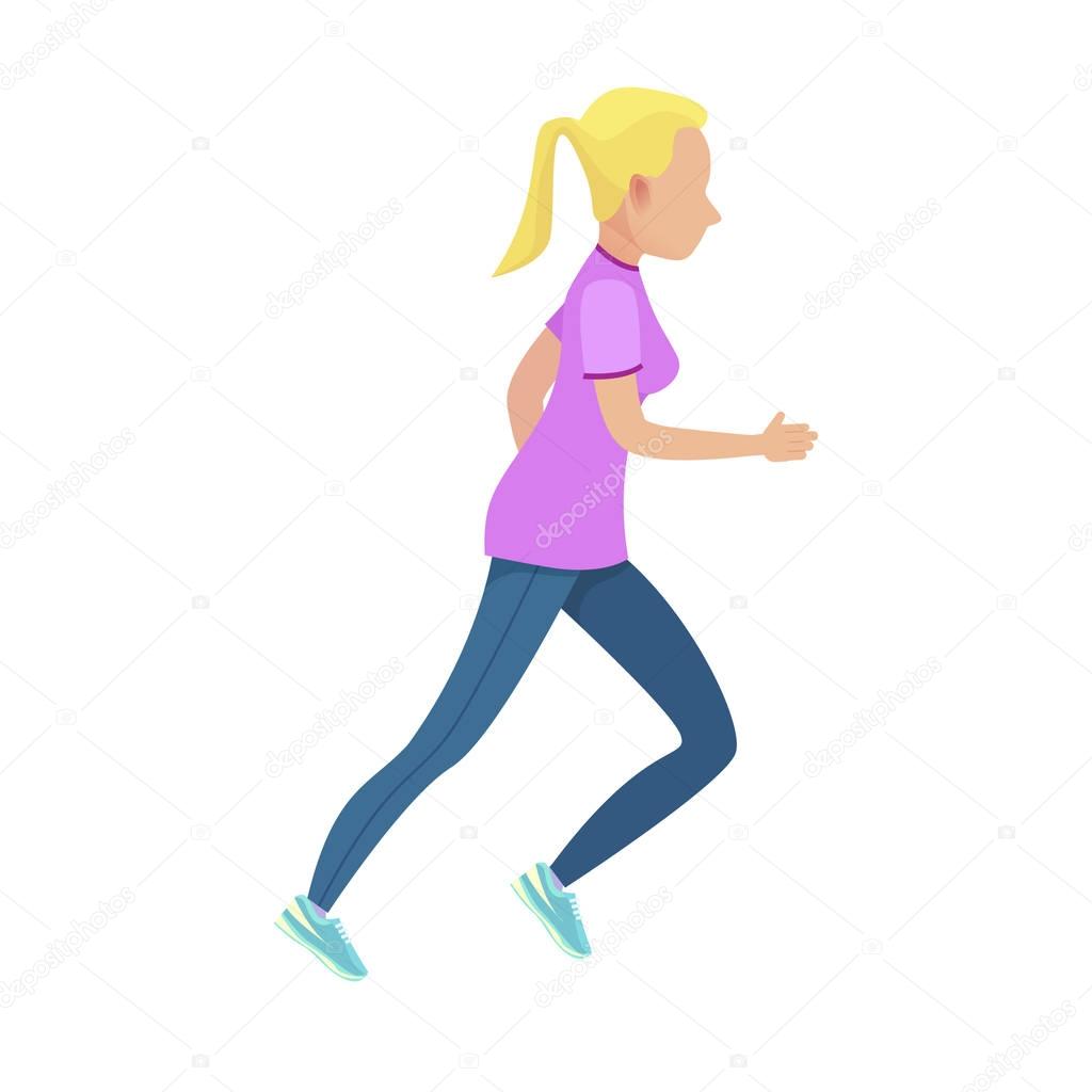 Young Blonde Girl in Slinky Sport Form Running