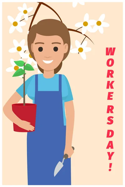 Heureux jardinier avec usine sur carte pour la journée des travailleurs — Image vectorielle