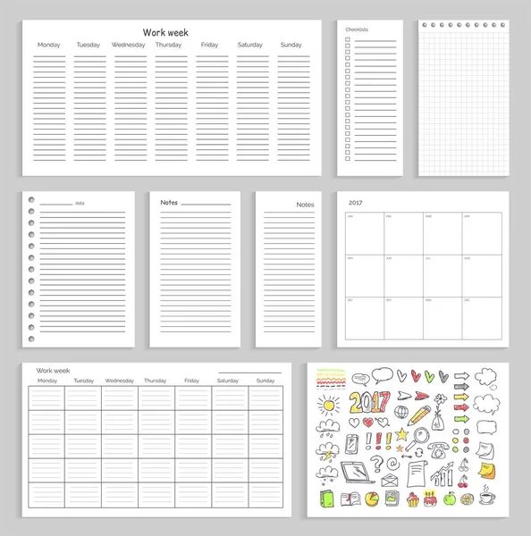 Folhas de papel com agenda vazia, notas e gráficos — Vetor de Stock