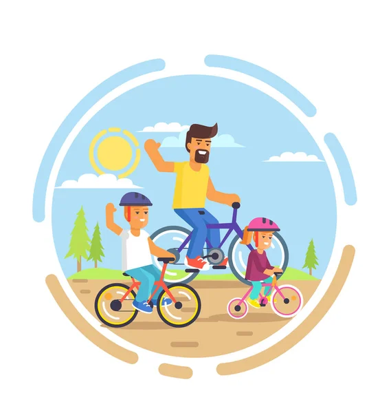 Passeio de bicicleta de família com o pai, pequena filha e filho —  Vetores de Stock