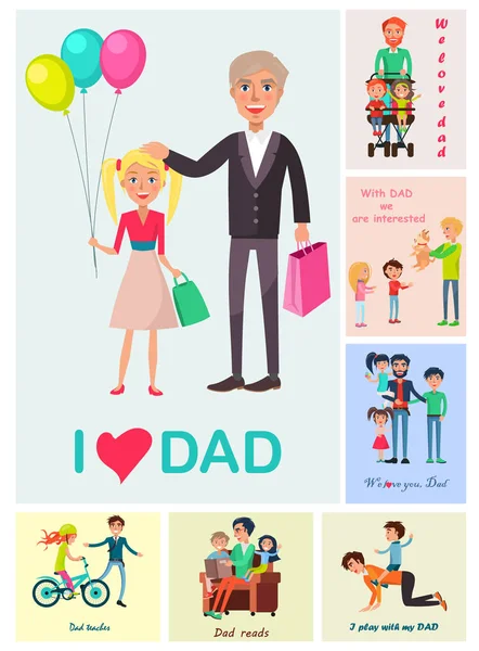 Ich liebe Papa-Poster von Tochter mit Papa und Bildern — Stockvektor
