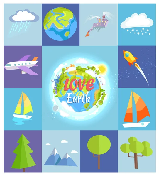 Love Earth Poster aus quadratischen Illustrationen — Stockvektor