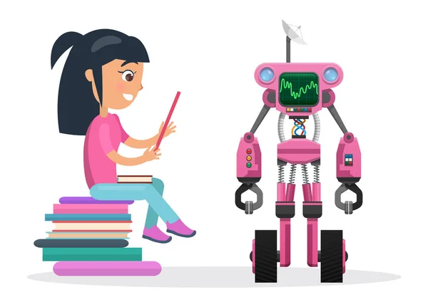 Girl in Blouse Sit on Pile of Books beside Robot — Stock Vector