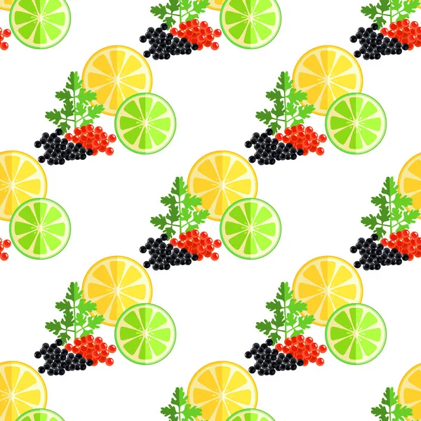 Frutas cítricas, perejil verde y patrón de caviar — Vector de stock