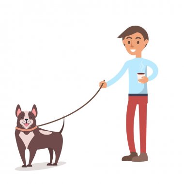 Kağıt bardak sıcak kahve çocukla köpekle yürür