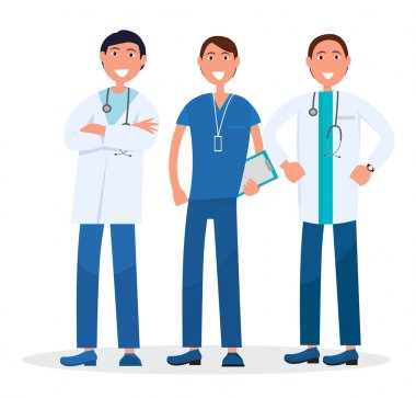 Erkek takımı ayakta ve gülümseyen üç terapistleri