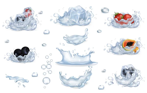 Conjunto de salpicaduras de agua y frutas y bayas congeladas — Vector de stock