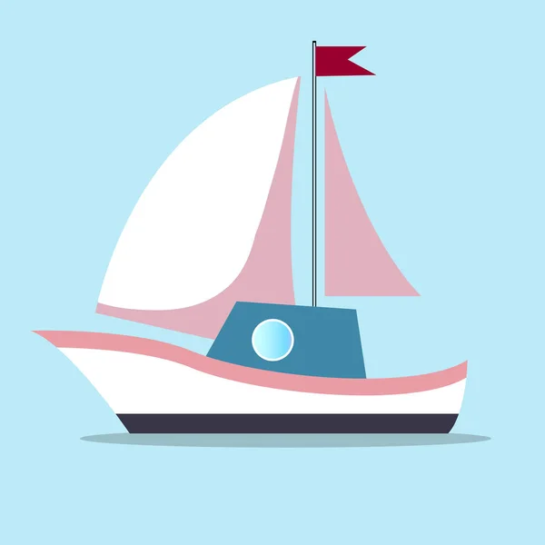 Boat with sails in white-pink color isolated on blue background