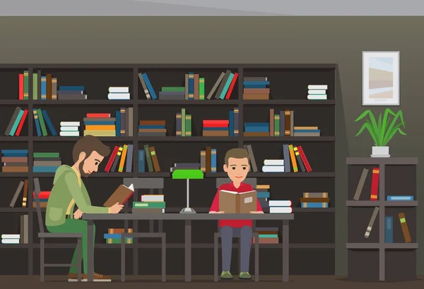 Два мальчика сидят за столом и читают книги в библиотеке — стоковый вектор
