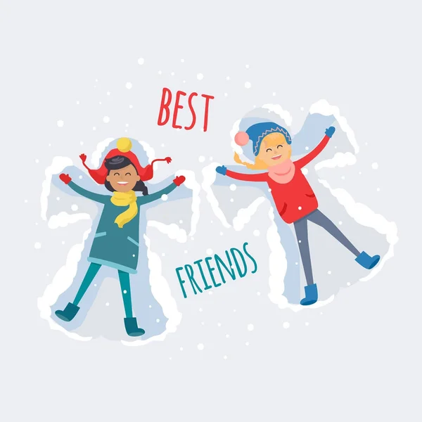 Best Friends. Girls Make Snow Angels Illustration — Stock Vector