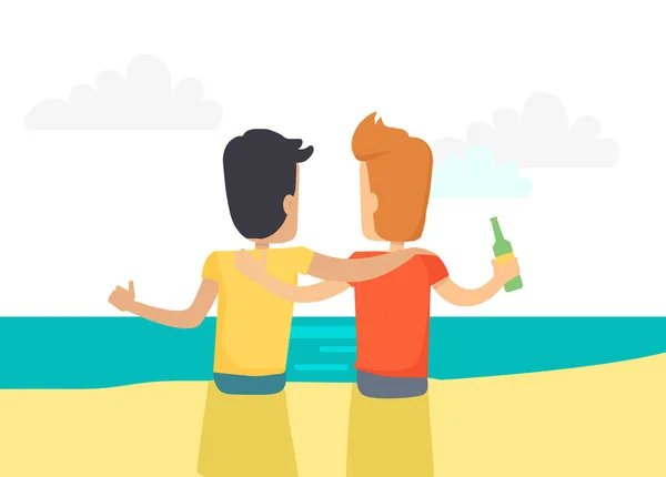 Dos mejores amigos bebiendo cerveza en el vector Seaside — Vector de stock