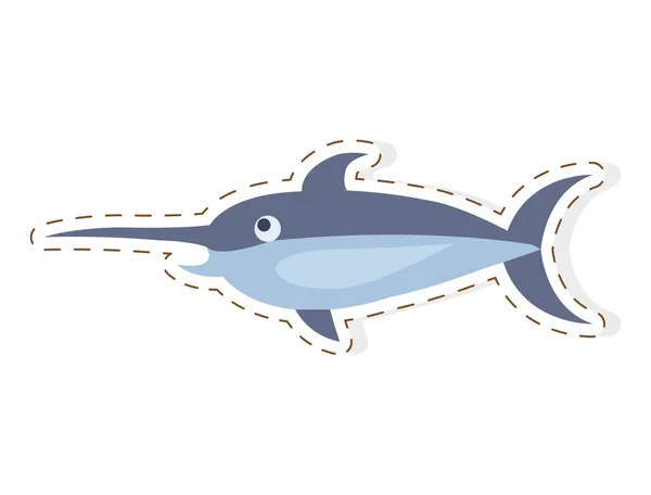 Şirin kılıç balığı düz vektör etiket veya simge çizgi film — Stok Vektör