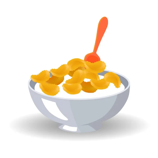 Cereales de copos de maíz en tazón con leche y cuchara — Vector de stock