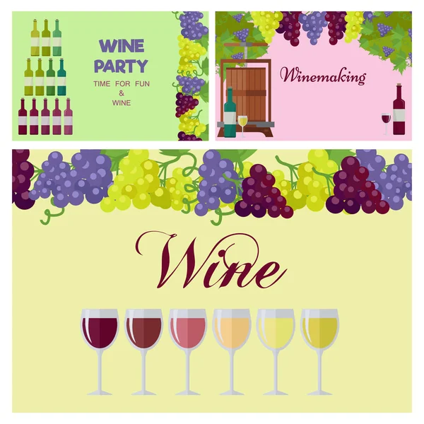 Wine Party Poster with Glasses Line and Grapes — Stock Vector