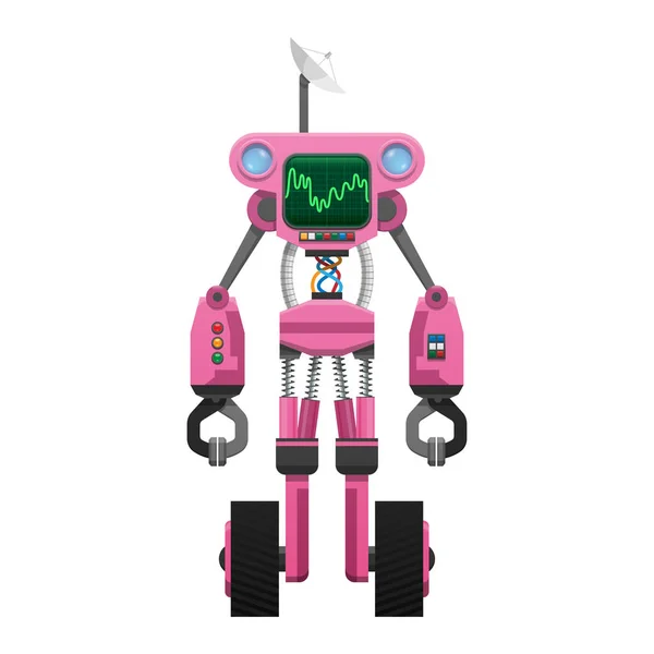Robot rosa con satélite y sonido Indicador de onda — Vector de stock