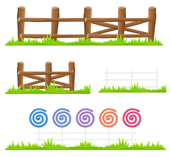 Wooden and Candy Fence Isolated Illustrations Set — Stock Vector