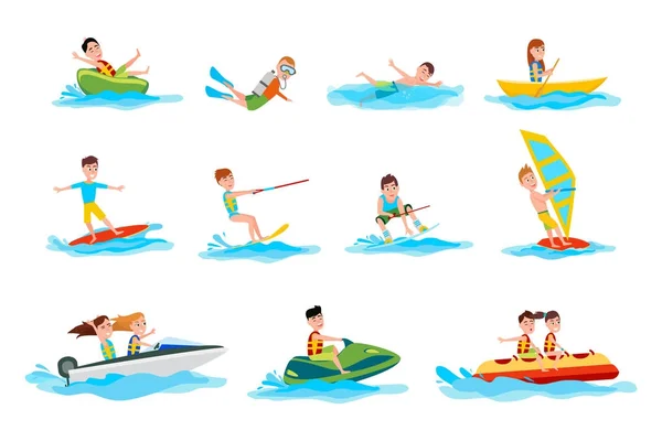 Personajes hacer verano deporte acuático ilustraciones conjunto — Vector de stock