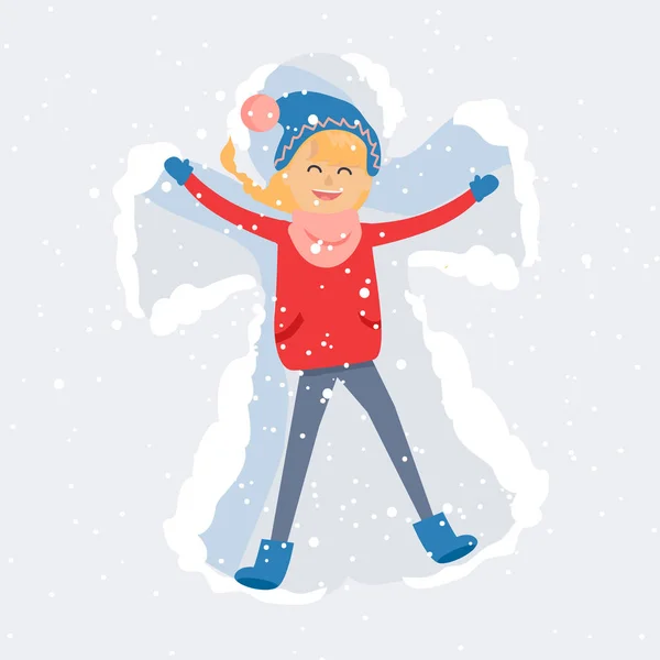 Lycklig kvinna att göra snö ängel platt vektor — Stock vektor