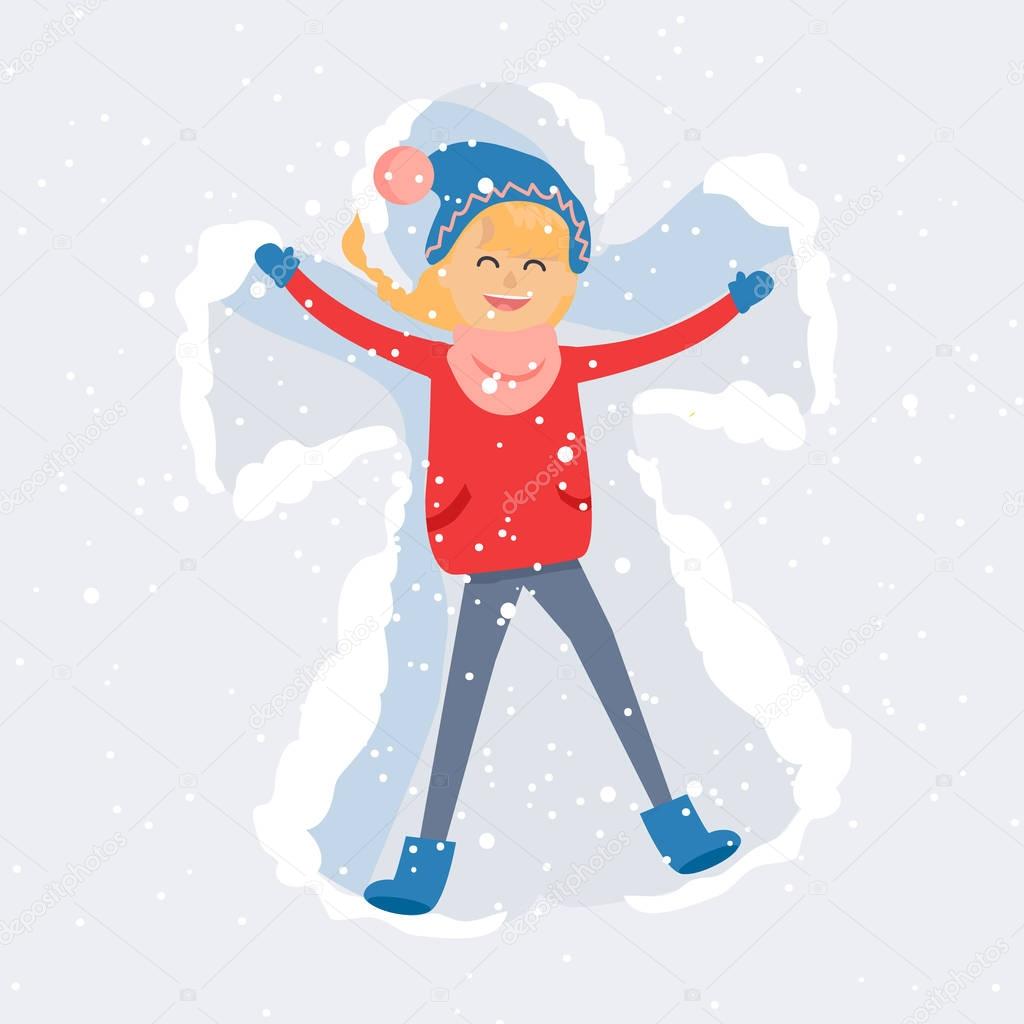 Happy Woman Making Snow Angel Flat Vector