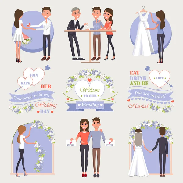 Benvenuti al nostro matrimonio isolato Illustrazioni Set — Vettoriale Stock