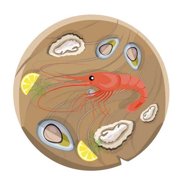 キング海老と木製トレイに新鮮な生牡蠣 — ストックベクタ