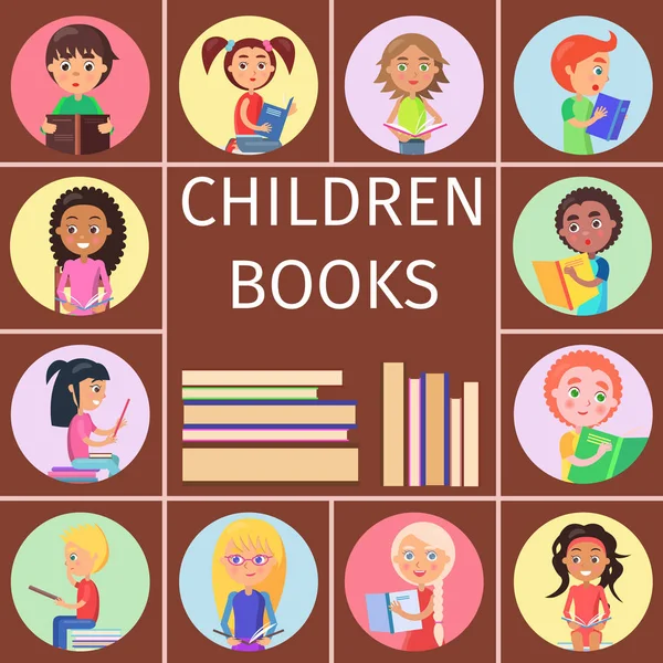 Crianças Livros, Pilha de Letras para Leitura Crianças — Vetor de Stock