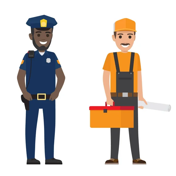 Set of Black Policeman and Whiskered Builder Flat — Stock Vector