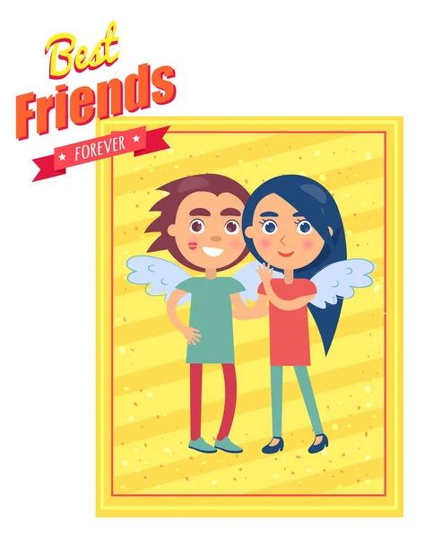 Friends Day Card with Boy and Girl in Wings — Stock Vector