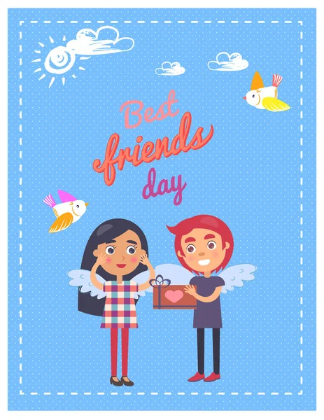 Friends Day Card with Boy Giving Present Girl - Stok Vektor