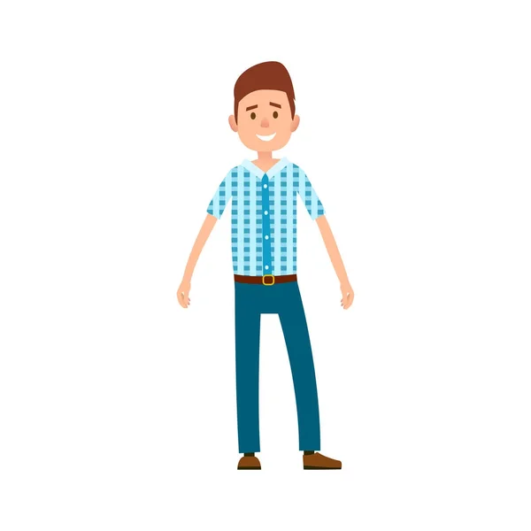 Man in Casual Cloth Wears Checkered T-shirt, Jeans — Stock Vector