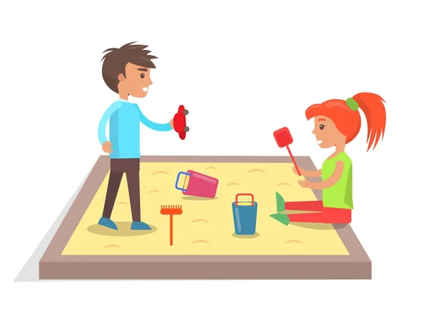 Children Play with Toys in Sandbox Illustration — Stock Vector