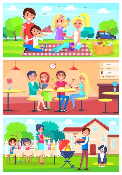 Familia come juntos fuera de casa Ilustraciones conjunto — Vector de stock